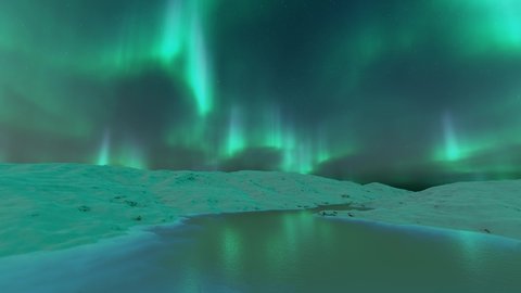 Aurora borealis or Northern lights over snowy terrain and lake,Abstract landscape animation.