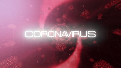 Coronavirus cinematic title trailer background concept. Animated 4K 3D creative design. Abstract Coronavirus Covid-19 pandemic 3D animation with red storm cloud, flowing virus and glowing text.