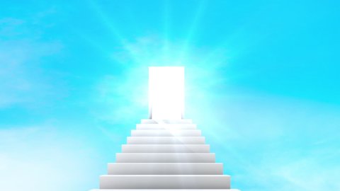 Shot of camera tracking white staircase into miracle door with glowing the light, Rest in peace or business successful concept, blue sky and cloudy background.