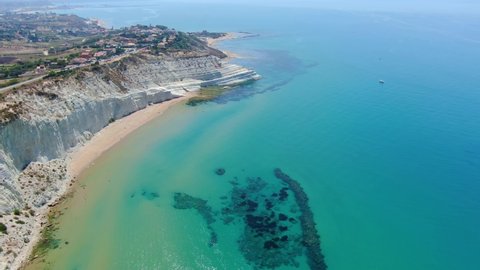 White sandy beach at iconic Scala dei Turchi, Sicily, Italy, Europe, aerial shot
