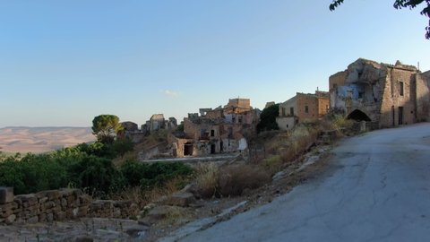 Italian ghost village Ruins of Poggioreale, western Sicily, Italy, Europe, aerial shot