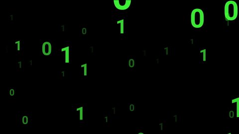 Digital technology binary code flying on isolated black background. Particle and seamless loop of big data distancing digits. Render digital binary data and prediction to intelligence technology.
