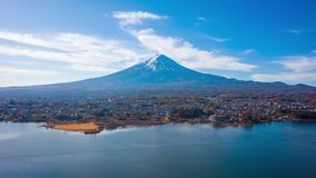 Aerial view Hyper lapse 4k footage of Mount Fuji on morning at Kawaguchiko Lake, Yamanashi, Japan. mt. fujisan hyperlapse by drone.
