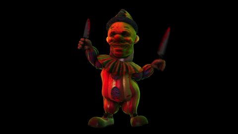 Seamless animation of a horror clown crazy dancing with knives with alpha channel. Scary background circus themed visual for Halloween.