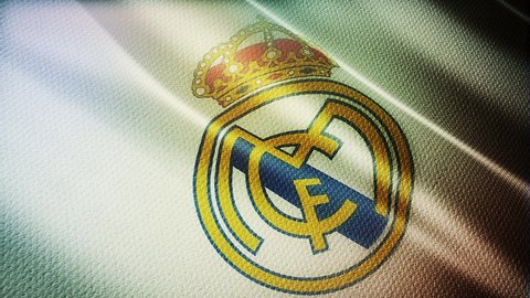 dubai - uae , September 25, 2020: Spanish club Real Madrid  flag, real madrid 3d animation flag waving in the wind , flag seamless loop animation. high quality 