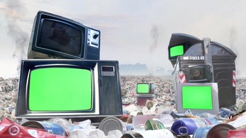 Old Televisions with Green Screen in a Landfill or Rubbish Dump. Zoom In. You can replace green screen with the footage or picture you want. You can do it with “Keying” effect in After Effects.
