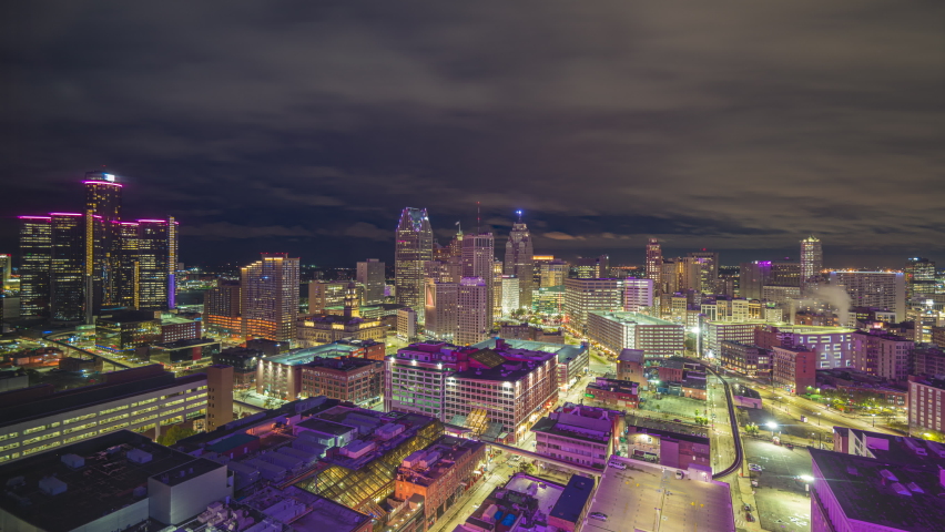 Detroit, Michigan, USA downtown skyline from above at dusk.