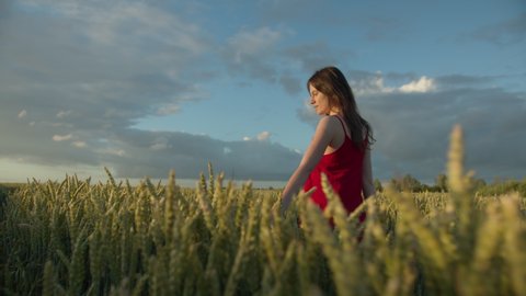 A woman in a red dress walks across a field of ears