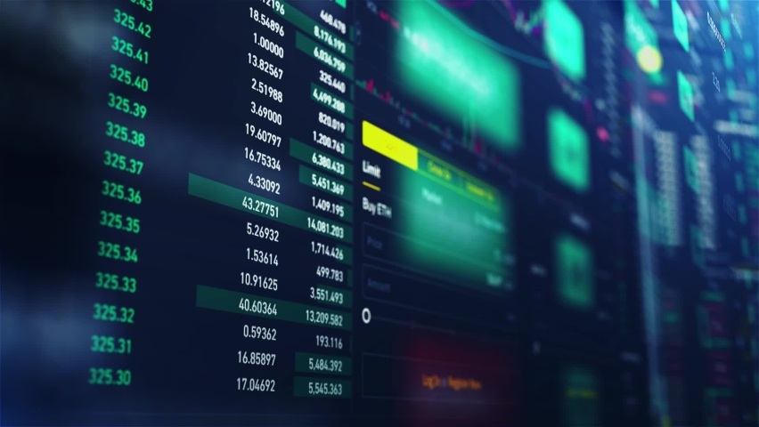 Stock market and exchange data of price at market wall. Change and volume. Financial indexes change up and down over time. Concept of cryptocurrency and bitcoin BTC crypto trading | Shutterstock HD Video #1059528656