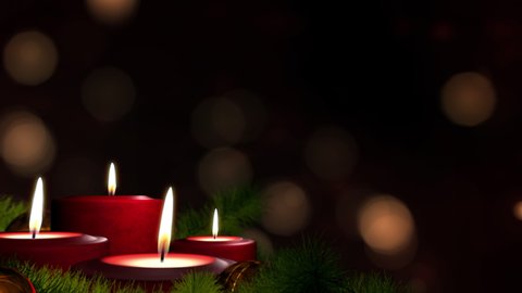 Romantic festive Christmas holiday evening. Four lit red candles on indoor Advent wreath. Romantic festive candlelight with tranquil bokeh lights and dark copy space. Looped 3D animation background.