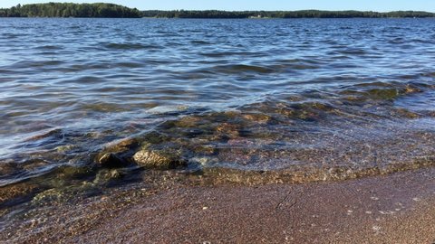 Small waves touching the beach shore a sunny day at a Swedish lake called Malaren or Malar. Clear fresh water, very transparent. Görväln, Järfälla, Stockholm, Sweden. 