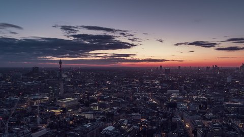 Establishing Aerial View Shot of London UK, magical daybreak dawn, Marylebone & Mayfair, United Kingdom