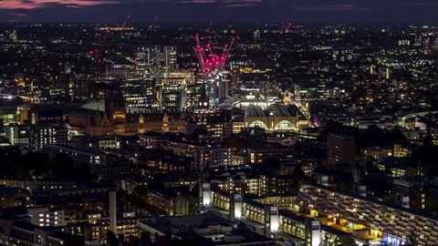 Aerial View Shot of London UK at night evening, Kings Cross & St Pancras, United Kingdom