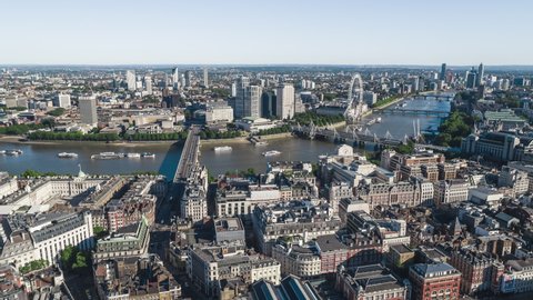 Establishing Aerial View Shot of London UK, London Eye, Southbank, United Kingdom, clear day