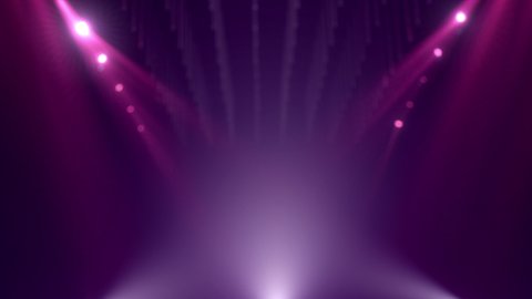 Purple defocused mockup stage for product display presentation spotlight and marketing award advertising. Looped concept animation background with illuminated floodlight lamps and atmospheric club haze