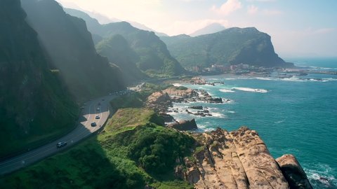 Aerial view 4k footage by drone of Nanya Rock, Coast sea at Jioufen, Taiwan.