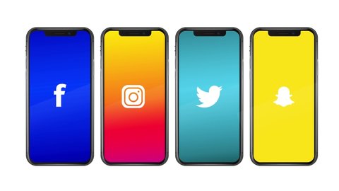 9-25-2020.California, USA. Editorial Social Media Icons inside smartphone with white, black and green screen background in 4K. Mobile displaying social media icon loops. social network community apps