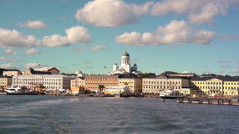 Helsinki cityscape with Helsinki Cathedral, South Harbor and Market Square Kauppatori , Finland