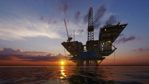 Helicopter flying from oil rig platform towards magical sunset, 4K