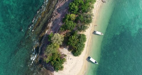 Ko Samet, Thailand - Tourism Boats on Shore of Secluded Island, Aerial Drone Overhead View