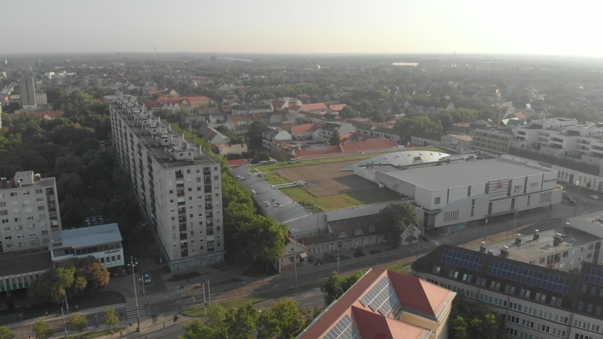 Aerial / drone footage of downtown Debrecen, second largest city and a major cultural center of Hungary, located in the Northern Great Plain region also the seat of Hajdú-Bihar county