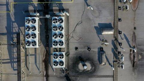 Industrial airconditioning on top of an office building. Top down aerial shot.