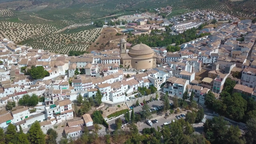 Aerial view of Montefrio with the church of Encarnacion, a pantheon style church. | Shutterstock HD Video #1059566513