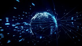 This stock motion graphics video shows an abstract digital projection of the planet Earth composed of glowing particles surrounded by changing numbers.