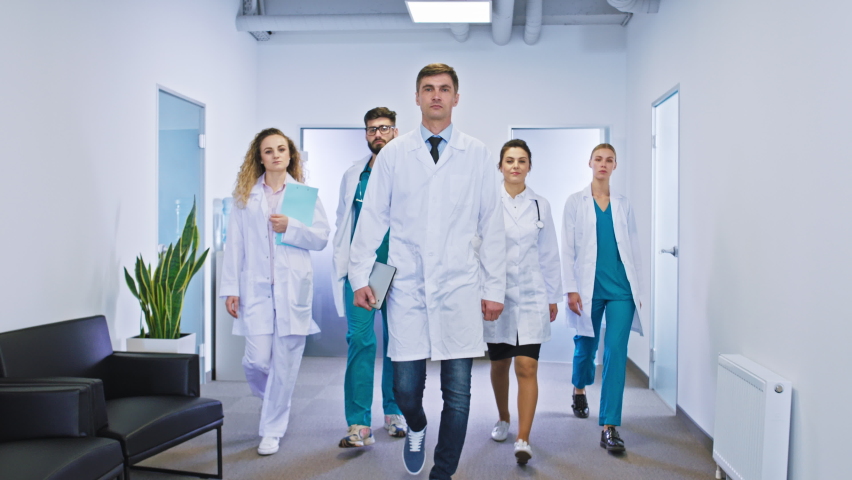 In front of the camera in a modern hospital corridor big team group of doctors and nurses walking in front of the camera the stop and posing