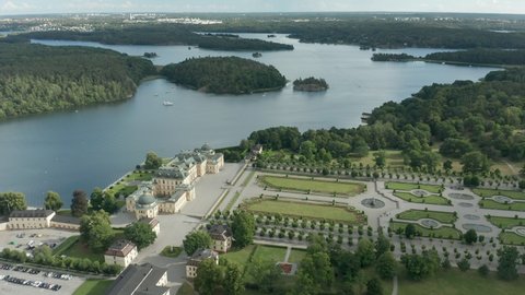 Drottningholm Castle, the royal palace of Sweden. Drone circle orbit view.