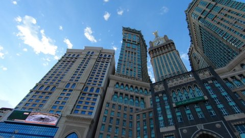 Clock tower skyscraper hotels, low angle view, Mecca, Saudi Arabia, 17 December 2019