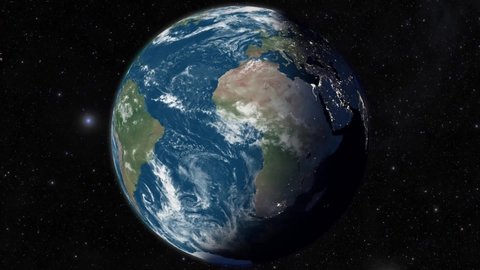 
Planet Earth, split view on night and day. 3d terrestrial globe. Rotating animation through the cosmos, stars and stratosphere. 4k resolution