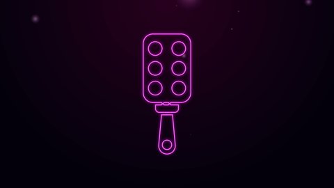 Glowing neon line Spanking paddle icon isolated on purple background. Fetish accessory. Sex toy for adult. 4K Video motion graphic animation