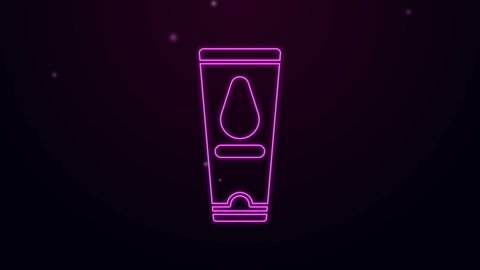 Glowing neon line Personal lubricant icon isolated on purple background. Lubricating gel. Cream for erotic sex games. Tube with package box. 4K Video motion graphic animation