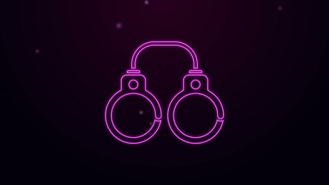 Glowing neon line Sexy fluffy handcuffs icon isolated on purple background. Fetish accessory. Sex shop stuff for sadist and masochist. 4K Video motion graphic animation