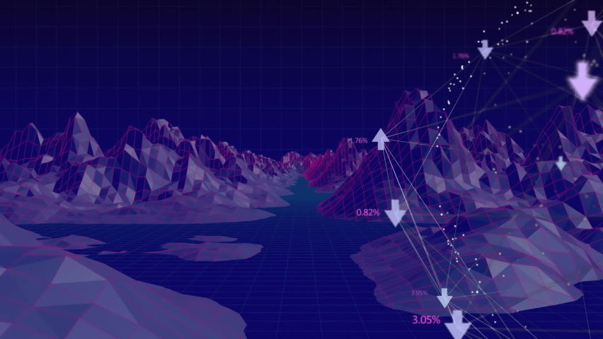 Digital animation of Globe of arrow with increasing numbers spinning over 3D mountains model against blue background. Global networking and connection concept - Powered by Shutterstock - Get 15% off with code: PIKWIZARD15