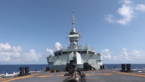CIRCA 2020 Her Majestys Canadian Ship Winnipeg of the Royal Canadian Navy fires a missile during the Exercise Rim of the Pacific.