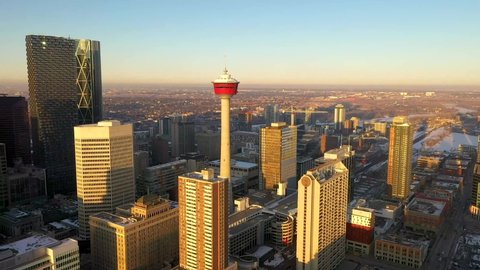 CALGARY, CANADA - SEPTEMBER 25, 2020: Downtown Calgary Core Aerial During Beautiful Sunset