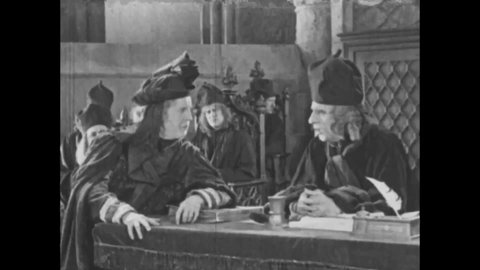 CIRCA 1923 - In this silent movie adaptation of the Hunchback of Notre Dame, Judge Frollo deems Esmeralda guilty of stabbing Phoebus.