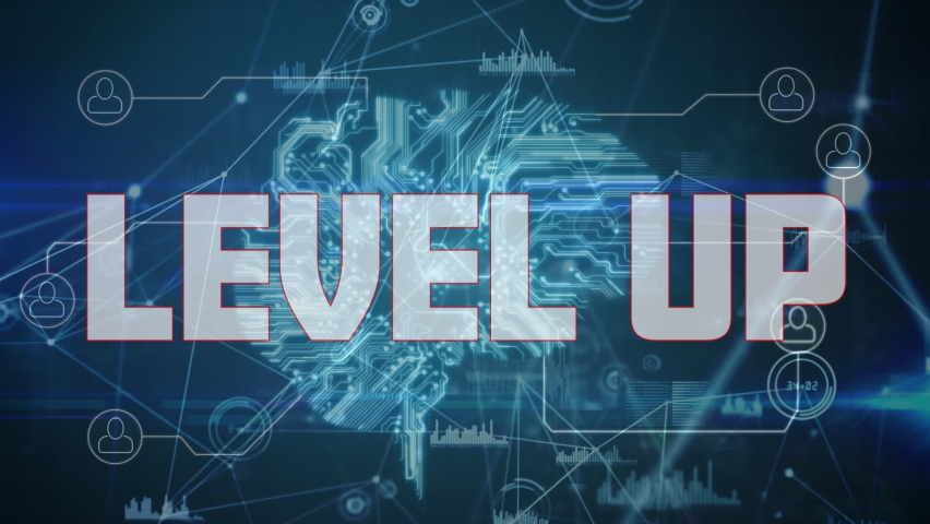 Digital animation of Level up text and data processing over network of digital icons against blue background. Global networking and business concept - Powered by Shutterstock - Get 15% off with code: PIKWIZARD15