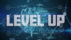 Digital animation of Level up text and data processing over network of digital icons against blue background. Global networking and business concept - Powered by Shutterstock - Get 15% off with code: PIKWIZARD15