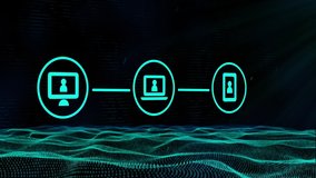 Digital animation of Network of connection icons over glowing green digital waves against black background. Global networking and connection concept - Powered by Shutterstock - Get 15% off with code: PIKWIZARD15