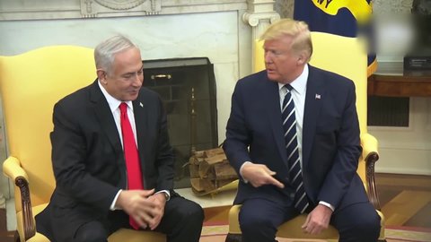 CIRCA 2020 - U.S. President Donald Trump and Isreali Prime Minister Benjamin Netanyahu, during a White House press briefing, DC.