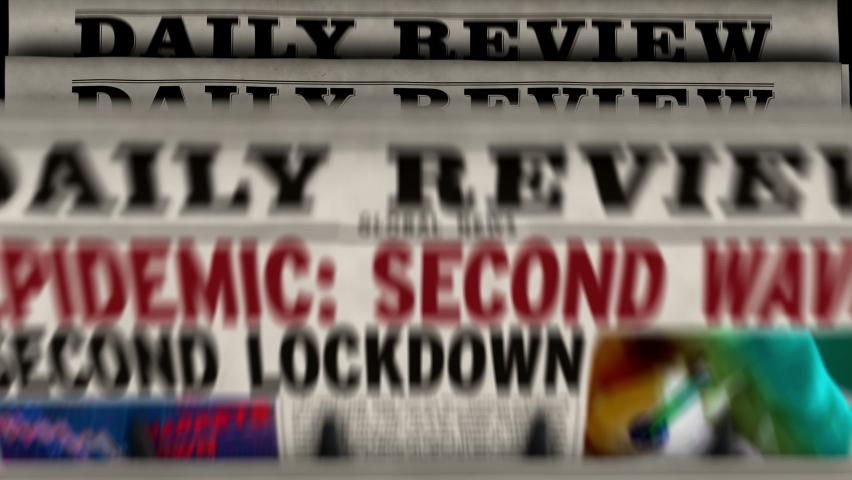 Covid 19 epidemic second wave, lockdown, virus pandemic and global business crisis news. Daily newspaper printing. Vintage paper media press production concept. Retro style 3d rendering animation. | Shutterstock HD Video #1059607244
