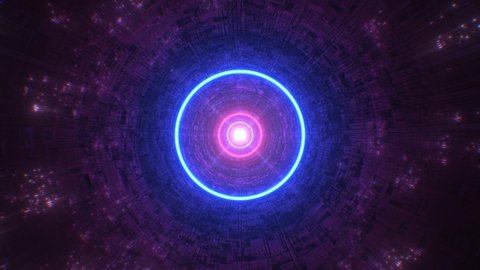 Abstract Neon Lights Rings Spin in Futuristic Sci-Fi Endless Tunnel - 4K Seamless Loop Motion Background Animation