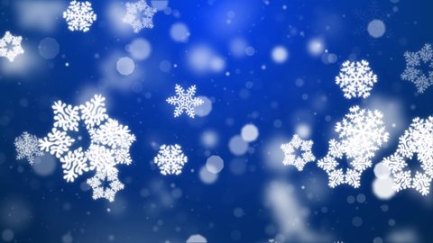 Snow falling on blue sky with Blue particles in the winter Christmas loop background merry christmas, Holiday, winter, New Year, snowflake, snow, festive, snow flakes,