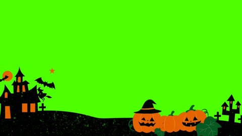 Animated green screen witch is heading for a Halloween party with pumpkins everywhere. 4K