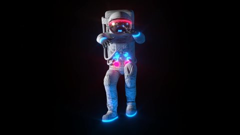 Funny Dancing Astronaut With Neon Light Space Suit. Alpha Channel. Seamless Loop