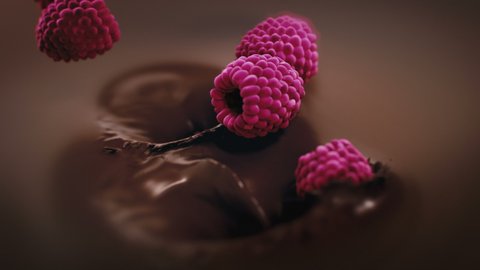 Raspberries Splashing Into Liquid Dark Chocolate in 4K Super slow motion