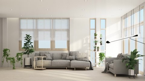 living area in modern contemporary style interior design with wooden window frame and sheer with grey furniture tone 3d rendering